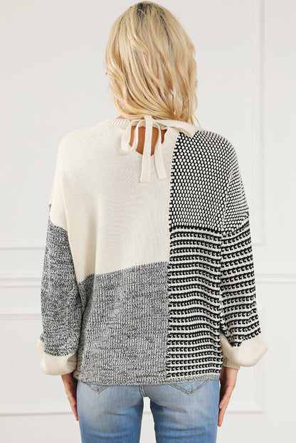 Elegant Black Patchwork Tie-Back Sweater