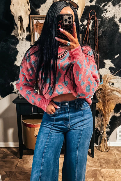 Pink Leopard Print Drop Shoulder Casual Sweater