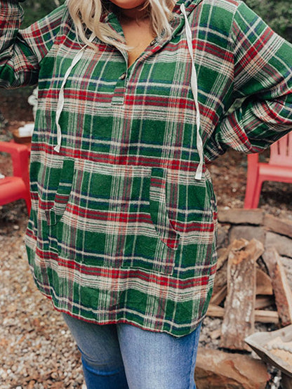 Green Plus Size Plaid Kangaroo Pocket Drawstring Hoodie
