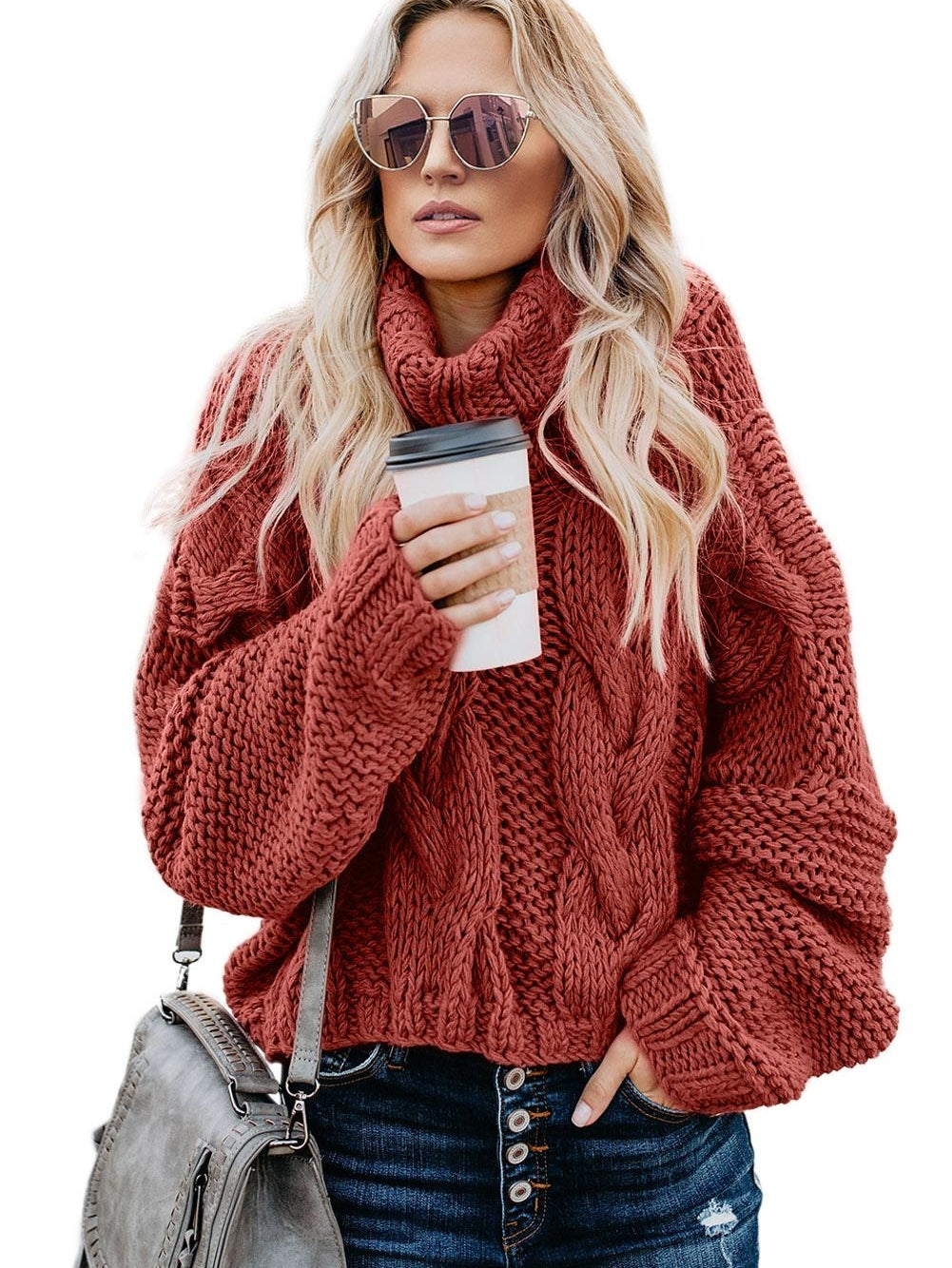 Fiery Red Handmade Cable Knit Turtleneck Sweater for Cozy Winter Days