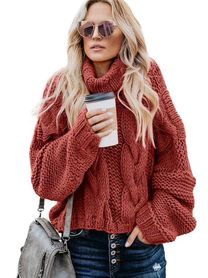 Fiery Red Handmade Cable Knit Turtleneck Sweater for Cozy Winter Days