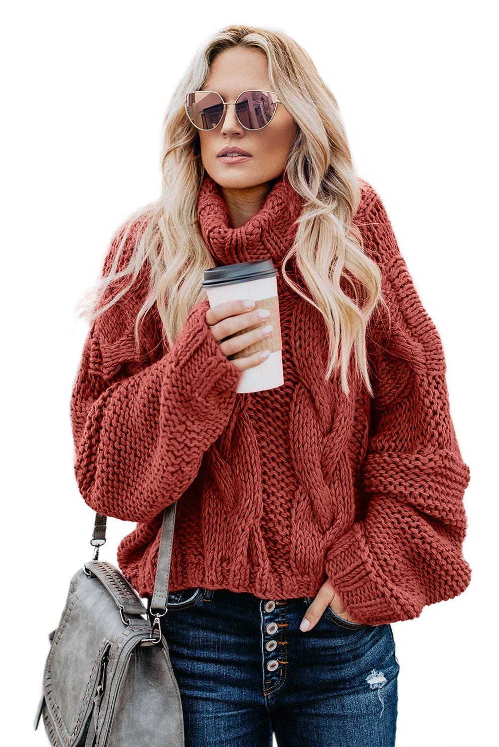 Fiery Red Cuddle Weather Cable Knit Handmade Turtleneck Sweater