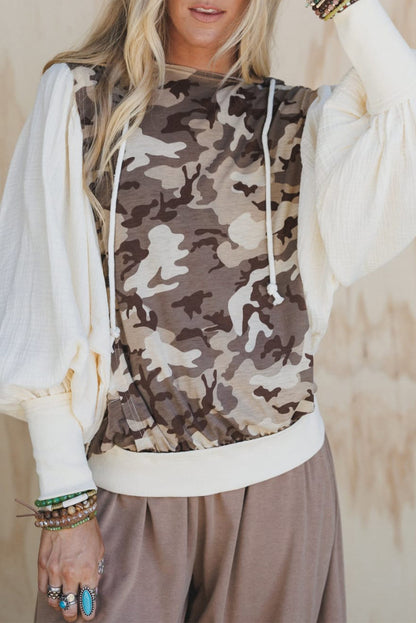 Khaki Camouflage Printed Cotton Gauze Puff Sleeve Patchwork Hooded Top