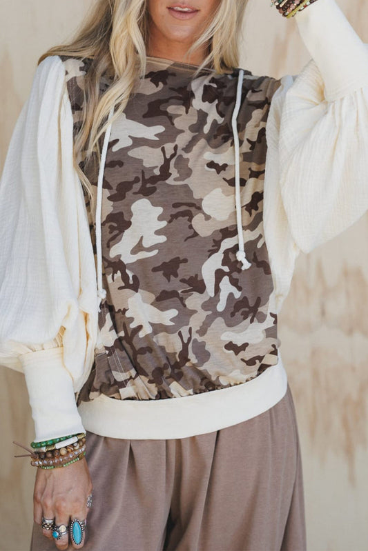 Khaki Camouflage Printed Cotton Gauze Puff Sleeve Patchwork Hooded Top