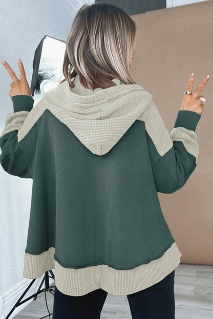 Blackish Green Waffle Contrast Patchwork Plus Size Pocketed Hoodie