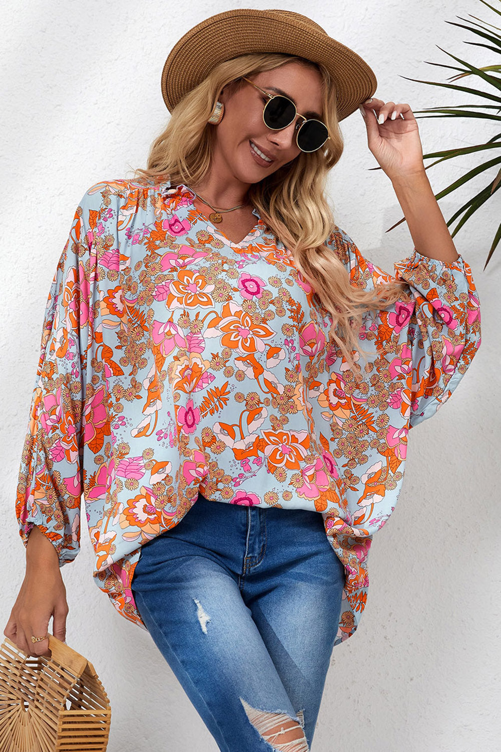 Elegant Floral Ruched V Neck Bohemian Blouse