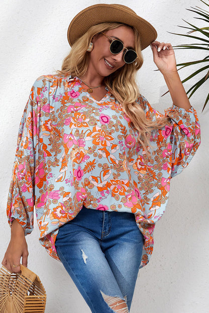 Elegant Floral Ruched V Neck Bohemian Blouse