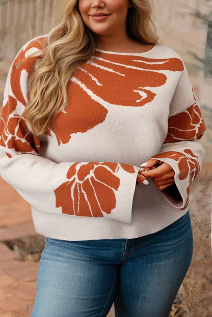 Beige Plus Size Flower Print Wide Sleeve Sweater