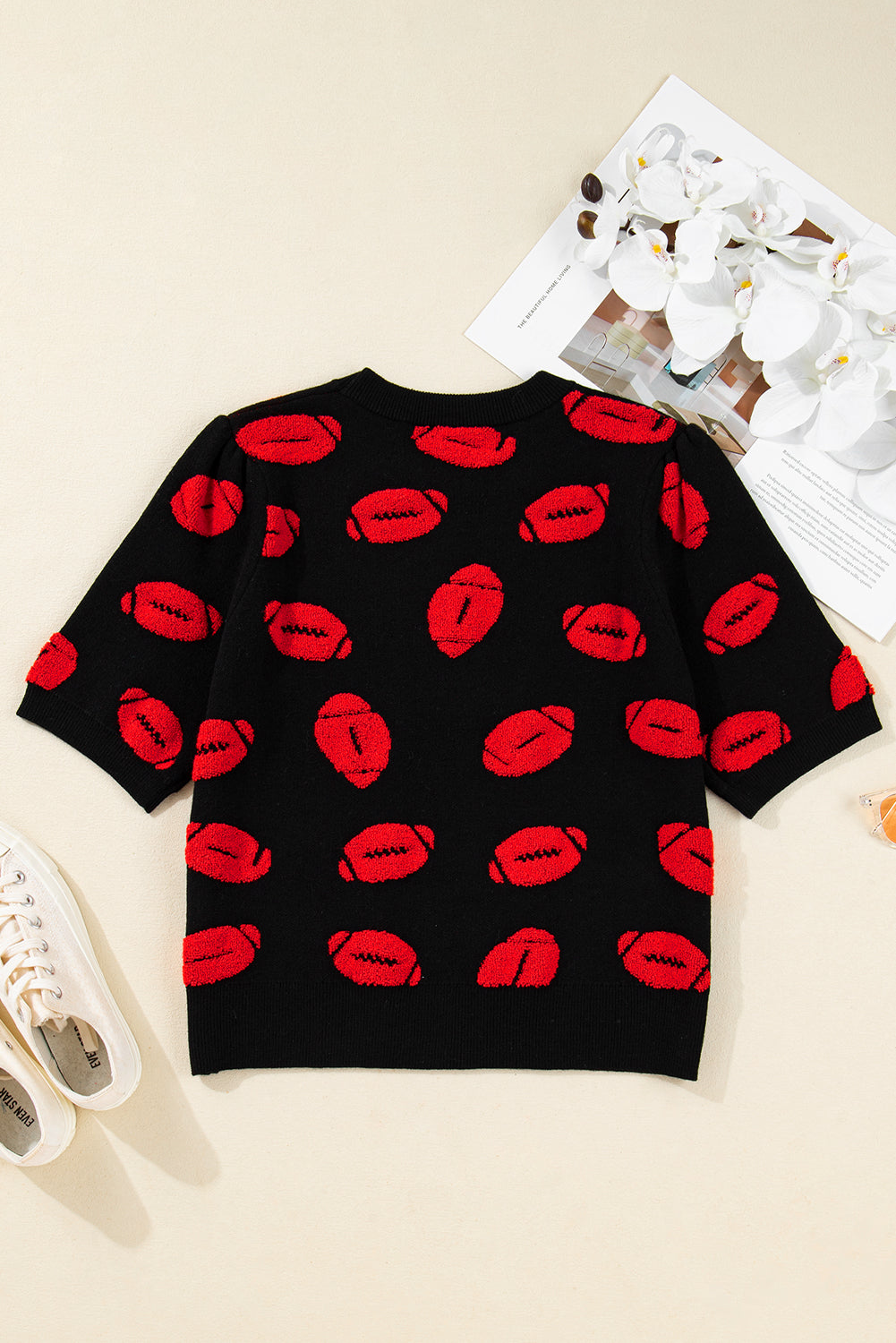 Black Rugby Print Casual Knit Short Sleeve Sweater