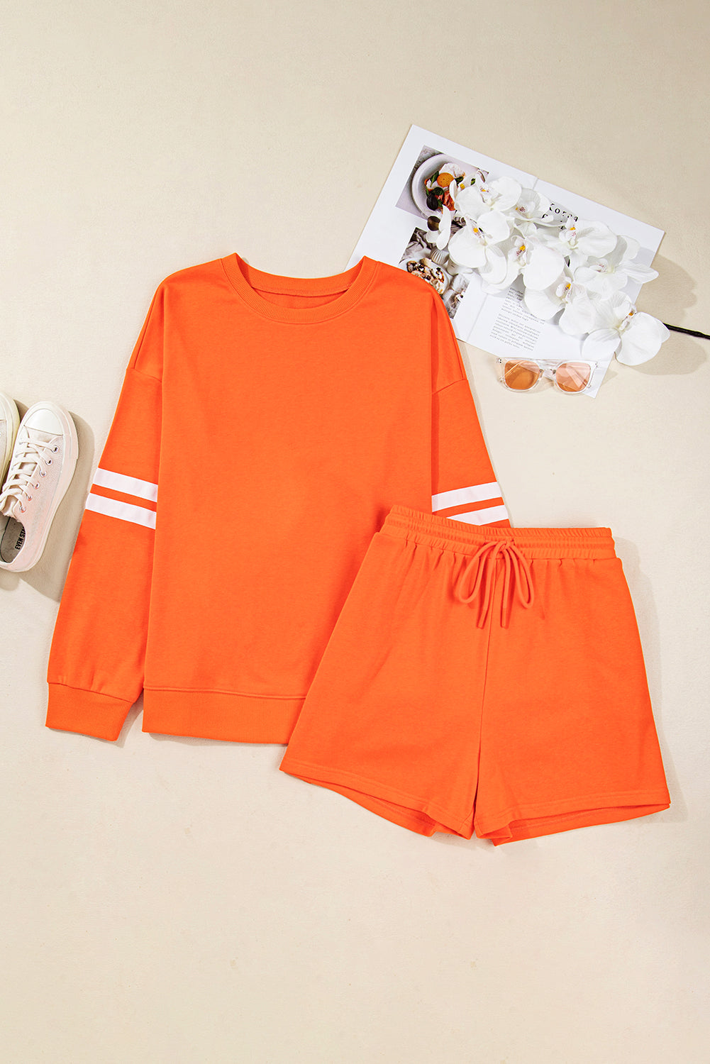 Orange Plus Size Varsity Striped Drop Shoulder Pullover Drawstring Elastic Waistband Short Set
