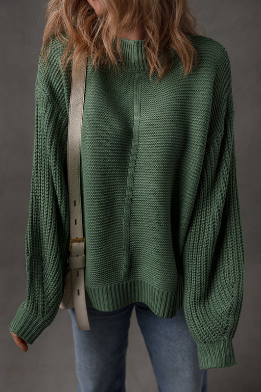 Mist Green Solid Color Front Seam Drop Shoulder Loose Sweater