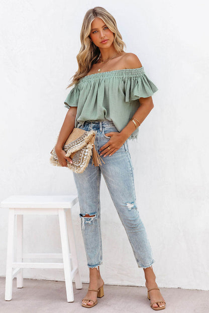 Green Textured Ruffle Off-Shoulder Blouse for Casual Chic