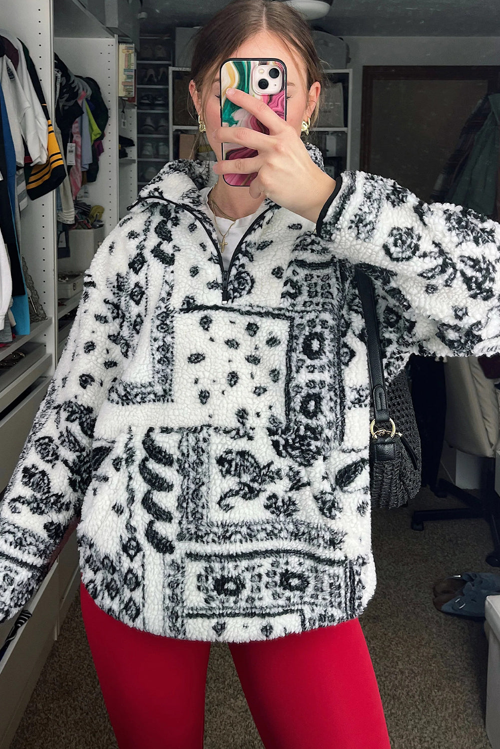 Black Sherpa Quarter Zip Western Print Oversize Sweatshirt