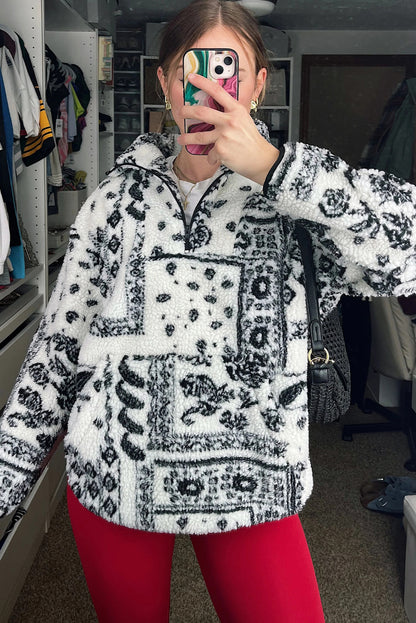 Black Sherpa Quarter Zip Western Print Oversize Sweatshirt