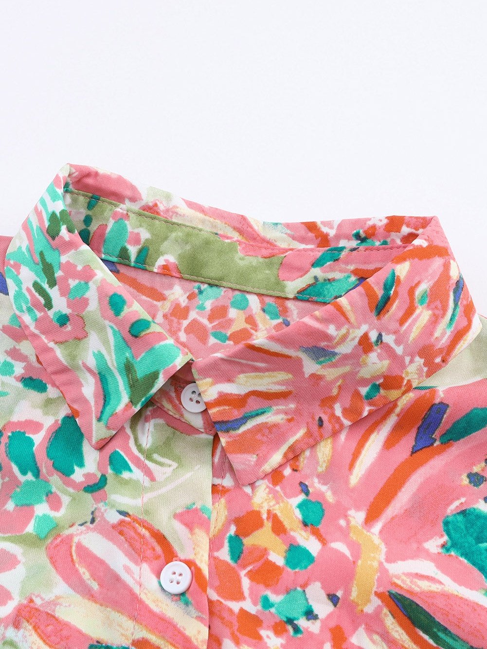 Green Abstract Floral Print Collared Sheath Blouse with Long Sleeves