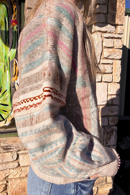 Khaki Western Striped Pattern Puff Sleeve Sweater