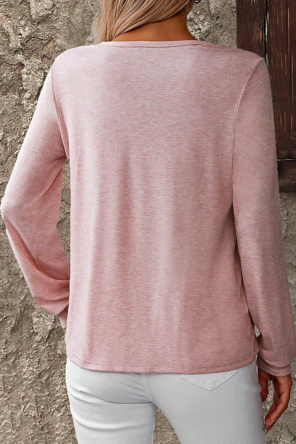 Light Pink Crossover V-Neck Solid Color Long Sleeve T-Shirt