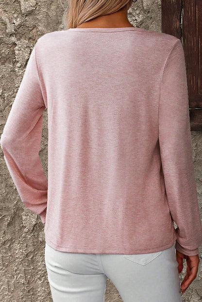 Light Pink Crossover V-Neck Solid Color Long Sleeve T-Shirt
