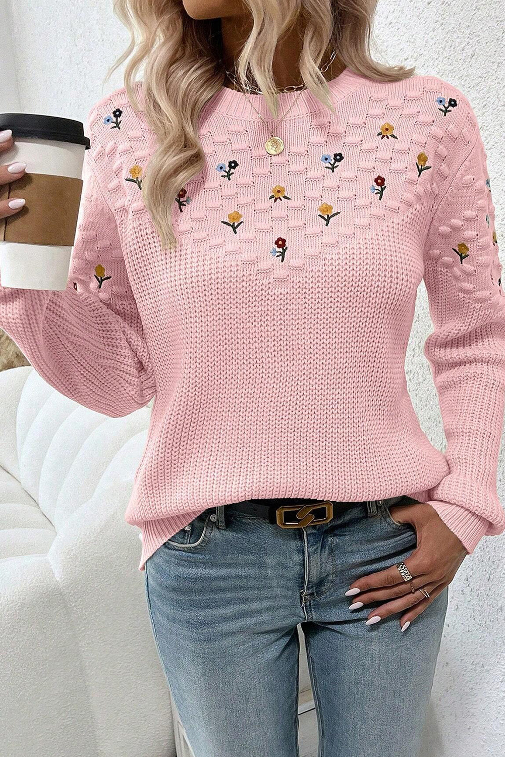 Light Pink Mixed Texture Knit Flower Embroidered Detail Casual Sweater