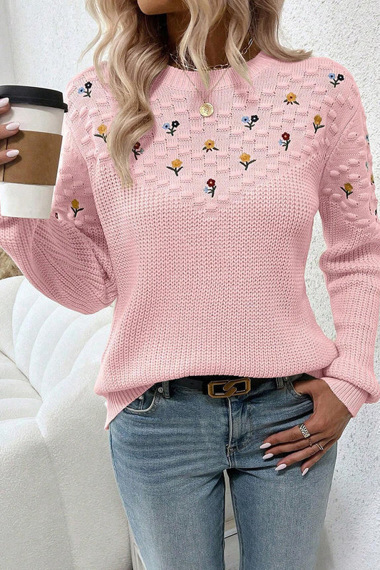 Light Pink Mixed Texture Knit Flower Embroidered Detail Casual Sweater