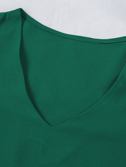 Green Sheer Flare Sleeve V Neck Casual Blouse
