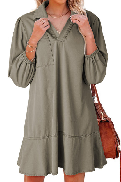Vineyard Green V Neck Collared Single Chest Pocket Long Sleeve Denim Dress