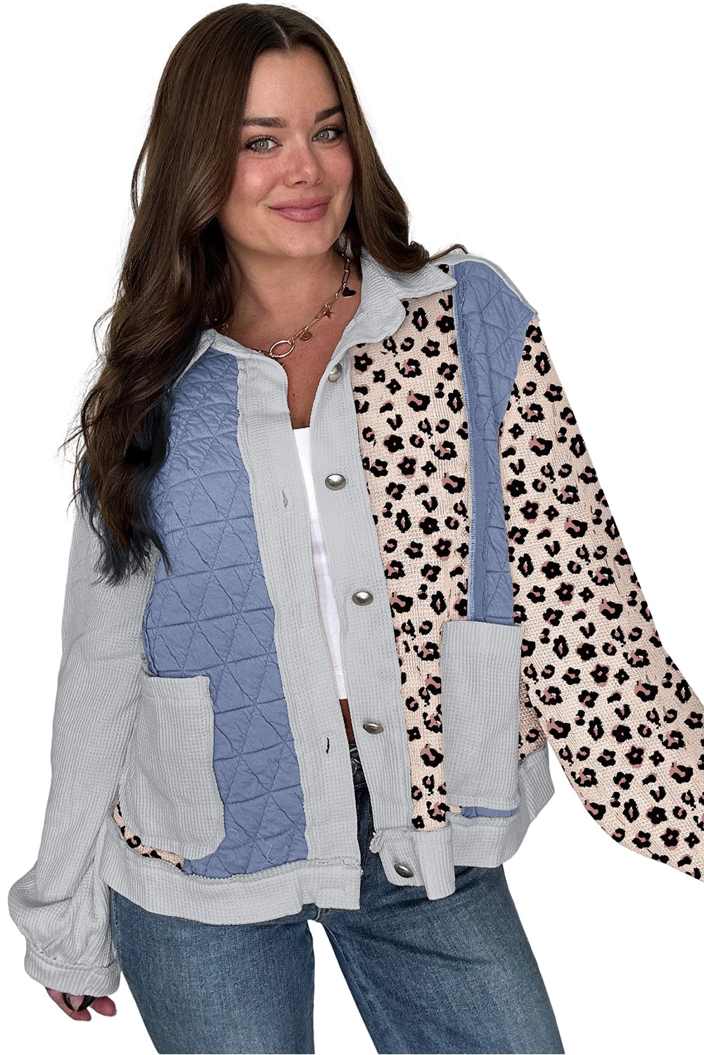 Sky Blue Leopard Waffle Quilted Patchwork Button Front Jacket