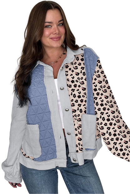 Sky Blue Leopard Waffle Quilted Patchwork Button Front Jacket