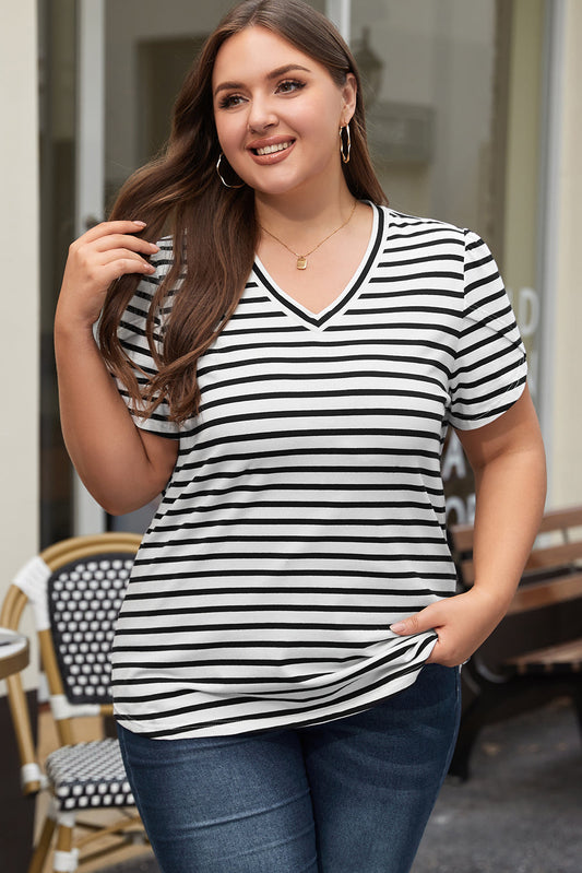 Elegant White Striped V Neck Petal Sleeve Plus Size Tee