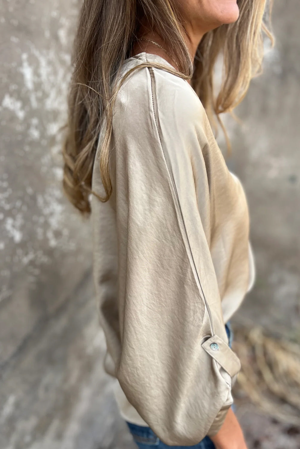 Beige Pintucked V Neck Tab Sleeve Soft Tunic Top with Slits