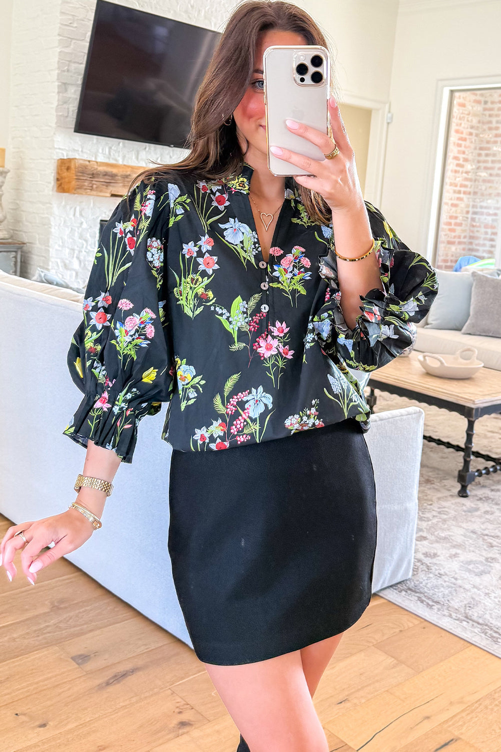 Black Floral Print Flounced Bracelet Sleeve Half Button Blouse