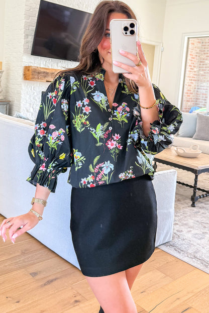 Black Floral Print Flounced Bracelet Sleeve Half Button Blouse