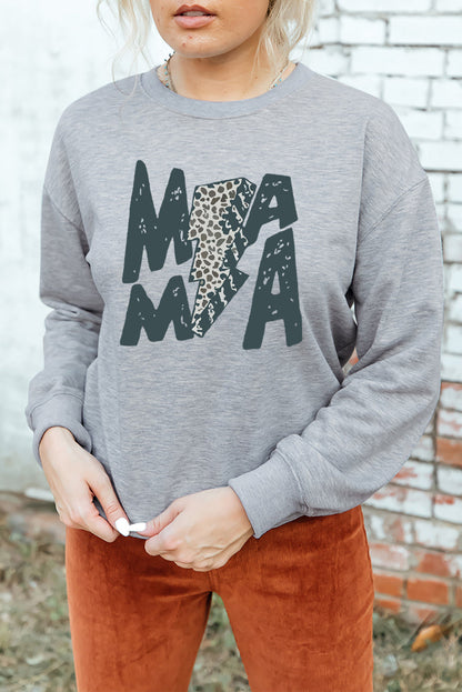 Gray Lightning Leopard Print "MAMA" Long Sleeve Sweatshirt