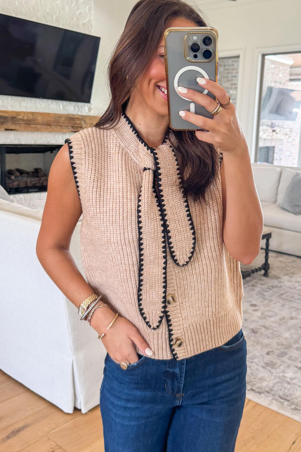 Oatmeal Plain Knit Contrast Trim Knot Neck Button Down Sweater Vest