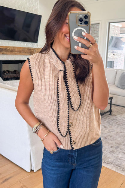 Oatmeal Plain Knit Contrast Trim Knot Neck Button Down Sweater Vest