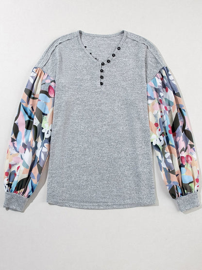 Elegant Gray Floral Lantern Sleeve V-Neck Blouse