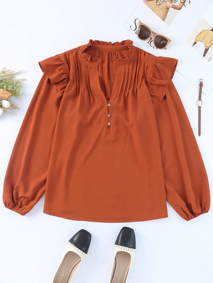 Elegant Brown V-Neck Ruffle Pleated Blouse