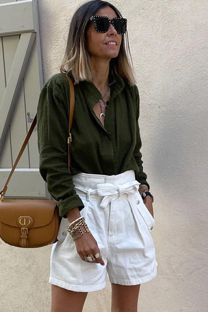 Green Crinkle Textured Button Front Jungle Shirt