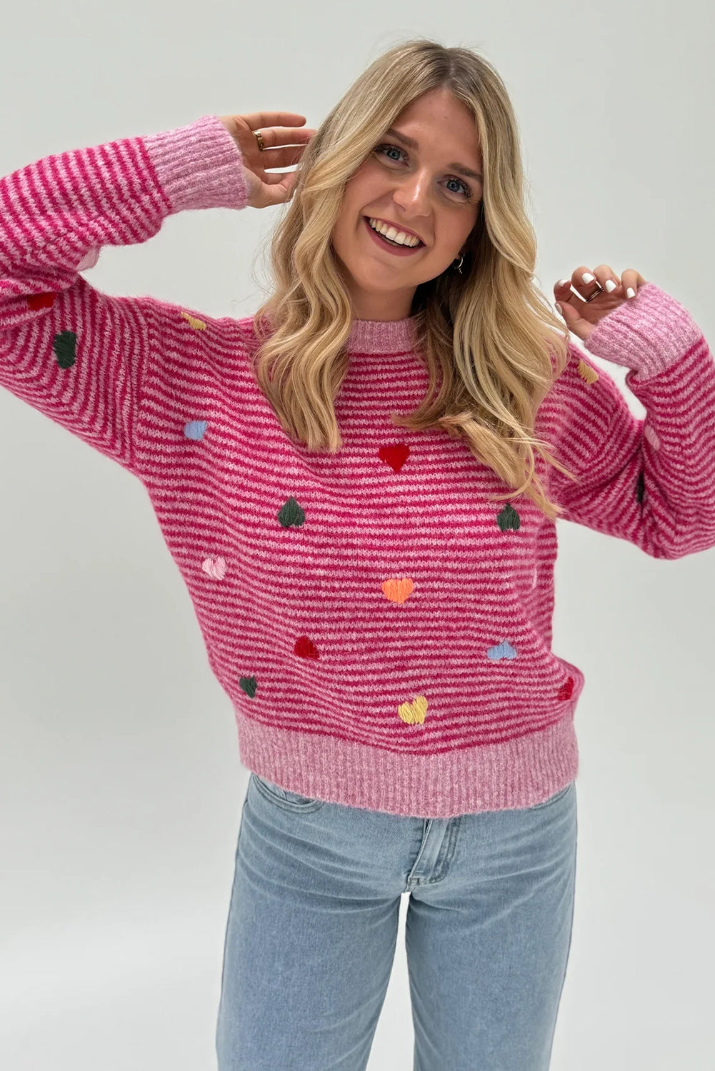 Rose Stripe Colorful Heart Detail Casual Sweater