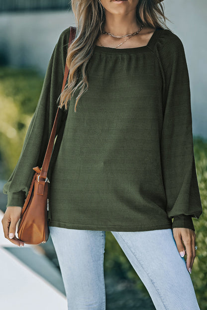 Green Square Neck Loose Fit Waffle Knit Long Sleeve Top