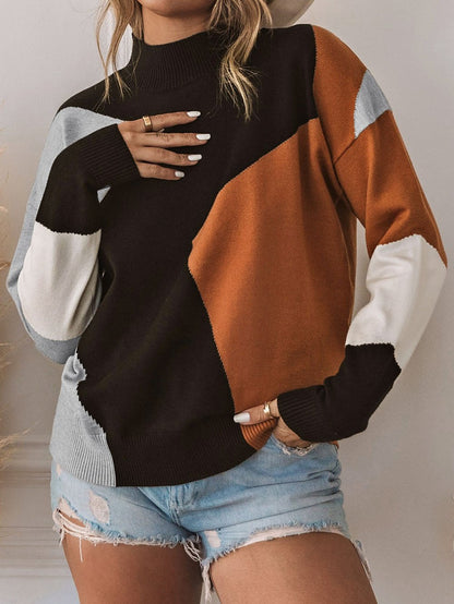 Fall & Winter Chic Orange Color Block Mock Neck Sweater