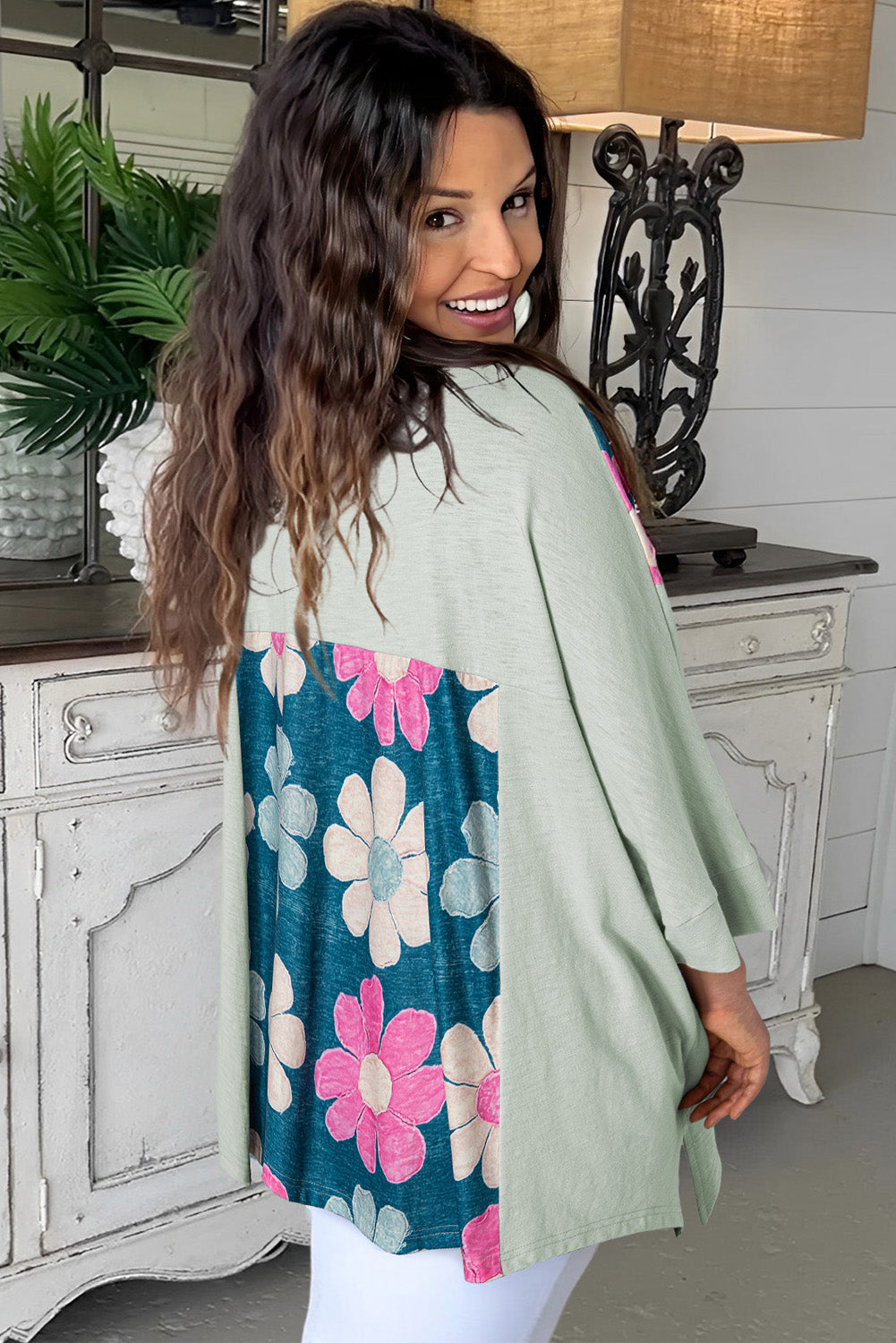 Green Plus Size Flower Patchwork Exposed Seam High Low Top