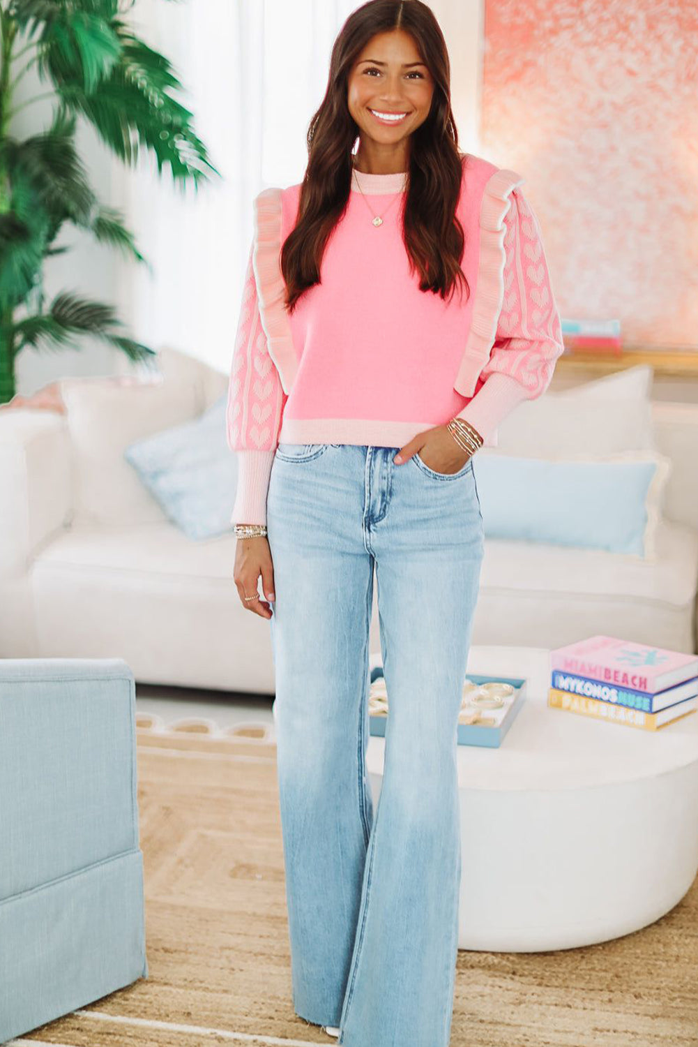 Pink Ruffle Trim Heart Pattern Sleeve Color Block Knit Sweater