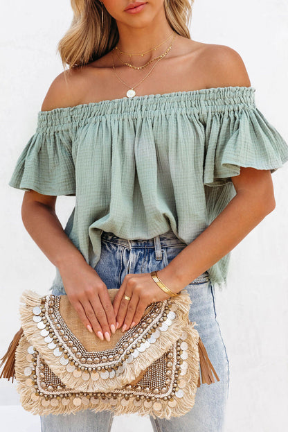 Green Textured Ruffle Off-Shoulder Blouse for Casual Chic