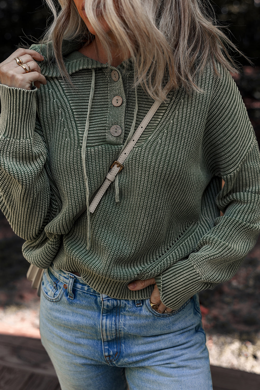 Mist Green Mineral Wash Ribbed Knit Button Drawstring Neck Hooded Sweater