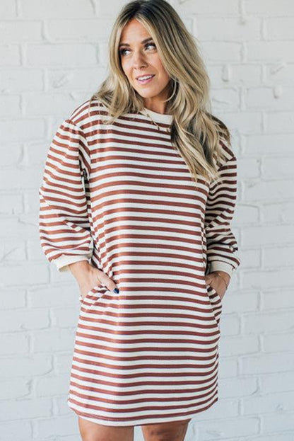 Brown Stripe Puffy Bracelet Sleeve Shift Mini T Shirt Dress