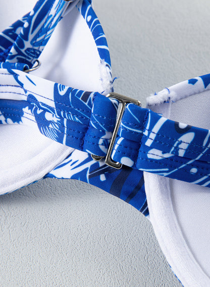 Floral White Bikini Set with Ruffled Bottom and Cover-Up