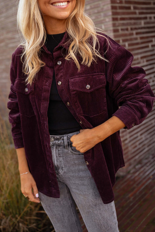 Grape Wine Solid Color Button Flap Pocket Corduroy Shacket