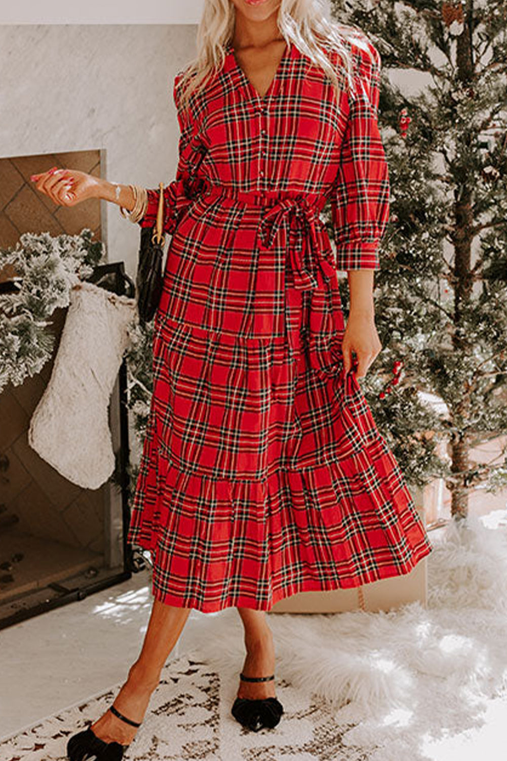 Red Christmas Plaid V Neck 3/4 Sleeve Tie Waist Ruffle Hem Midi Dress