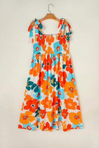 Smocked Floral Print Plus Size White Jumpsuit with Wide Leg